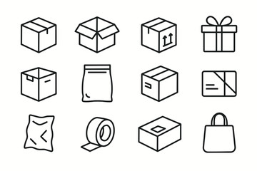 Icon set of various packaging types including boxes, bags, and tape