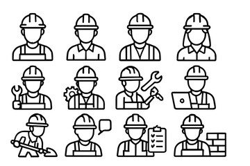 Line art of construction workers with tools and equipment icons