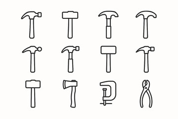 Various hammer and tool line icons set for construction and diy projects