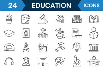 Fototapeta premium Education icon vector and Learning thin line icons vector set. University, textbook, editable learning, school, collage, book, bag symbol. Vector illustration. 