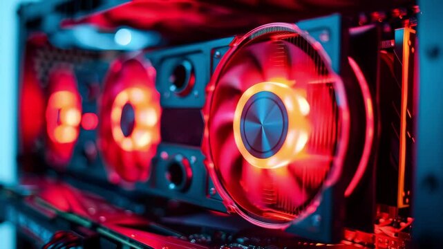 Close-up of a high-performance computer graphic card with glowin