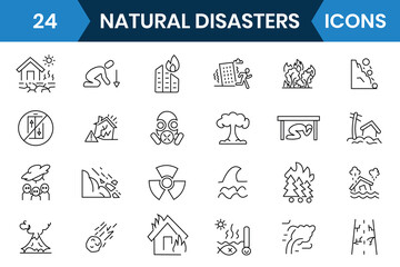Natural disaster icon, vector set. Natural pollution, earthquake, volcano, tsunami, desert, drought, disaster, flood, tsunami editable stroke icons. Vector illustration.