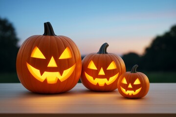 Glowing jack-o'-lanterns with carved faces on wooden table at dusk with soft background light and Halloween atmosphere outdoors.