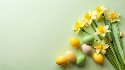 Fototapeta premium Pastel Eggs and Spring Daffodils on a Light Green Background, Perfect for Festive Celebrations and Springtime Greetings