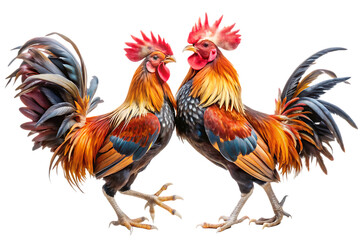 Fototapeta premium two rooster fighting in a cockfight isolated on white background, PNG