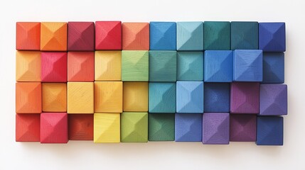 Colorful wooden blocks, arranged in a rainbow spectrum, form a creative, seamless pattern.  These Montessori-inspired toys are perfect for imaginative play and early childhood education