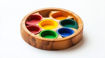 Colorful wooden shape sorter toy for kids.  Develops logic and reasoning skills using the Montessori method.  Perfect for child development and educational play.  Isolated on white.
 