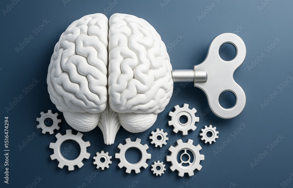 Aufkleber Abstract brain with wind-up key and gears symbolizing cognitive function and mental mechanics on blue background. Ai generative.