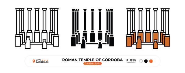 Roman temple of Córdoba Line Icon, Cordoba, Spain Landmark, Silhouette, Color Vector, Editable Stroke.