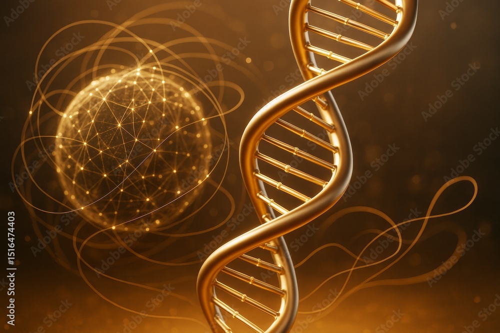 Aufkleber Golden DNA double helix structure with glowing network sphere and swirling lines on dark amber background in futuristic 3d science concept style.