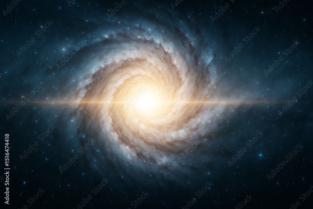 Poster bright glowing spiral galaxy with radiant light in deep space, representing cosmic science and abstr