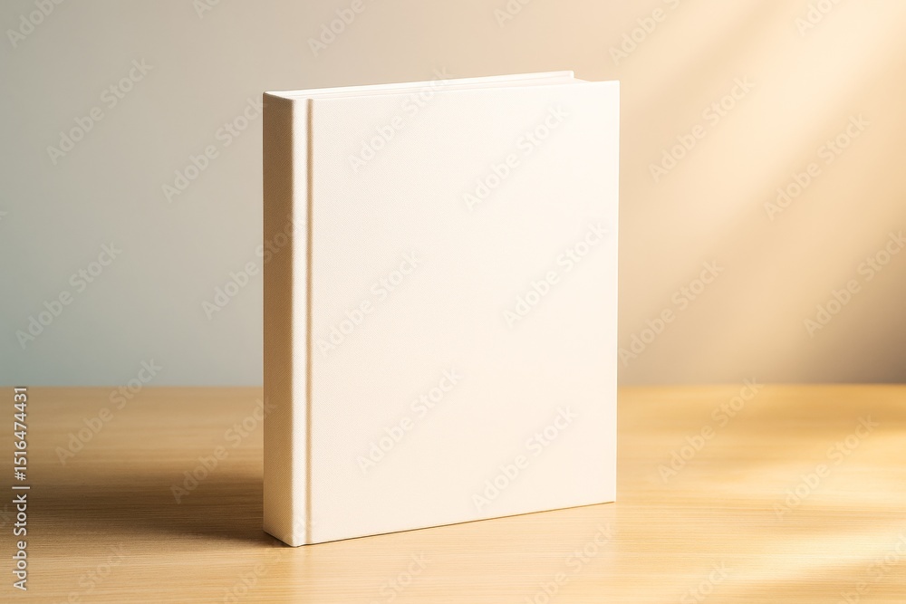 Poster Minimalist blank white hardcover book standing upright on wooden table with soft warm light and gradient background emphasizing simplicity concept.