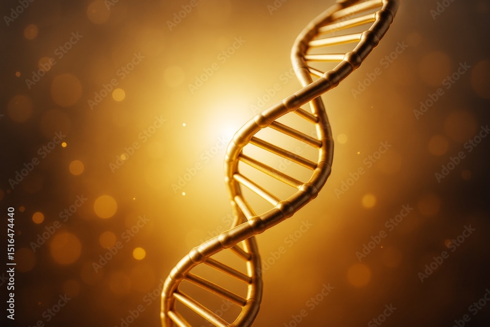 Aufkleber Golden DNA helix structure glowing in warm light with abstract bokeh background representing genetic science and innovation concept.