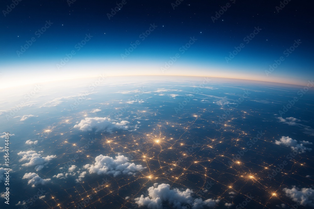Poster Futuristic view of Earth's surface from space with glowing lights and cloud coverage at dawn, showcasing global connectivity and data networks.