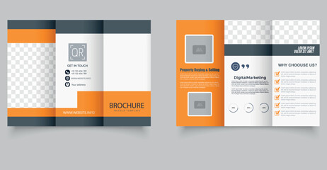 Orange Geometric trifold brochure for business. Ideal for business, digital marketing, consulting, and corporate branding. Printable template.