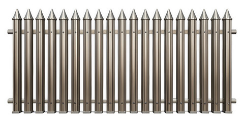 A sturdy metal fence with pointed tops, showcasing a modern design. The shiny surface reflects light, adding a contemporary touch to any outdoor setting.