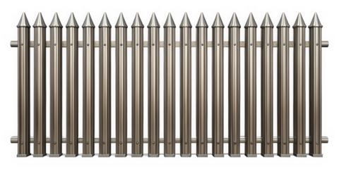 A sturdy metal fence with pointed tops, showcasing a modern design. The shiny surface reflects light, adding a contemporary touch to any outdoor setting.