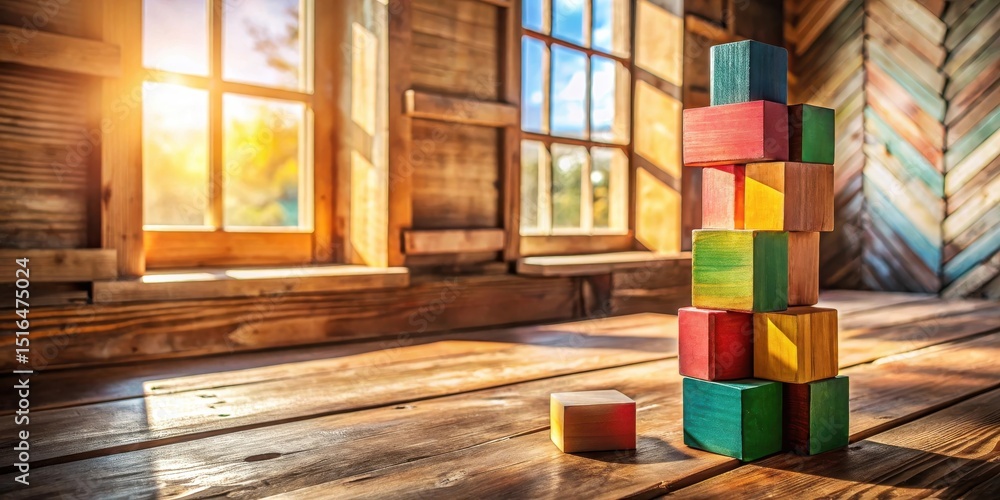 Poster rustic wooden blocks stacked on a sunlit tabletop in a room with large windows