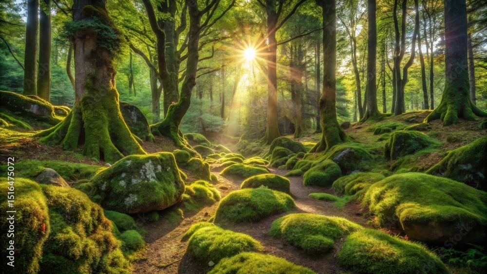 Poster sunlit path through a mossy forest with ancient trees and sunlight streaming through the canopy
