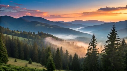 Obraz premium Serene Mountain Vista: A breathtaking panoramic vista unfolds, showcasing layers of majestic mountain peaks enveloped in a soft, ethereal mist.