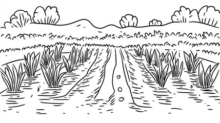 Simple line drawing of a rice paddy