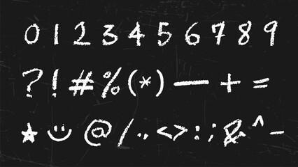 Chalk, charcoal brush texture numbers and symbols on grunge blackboard, vector illustration set