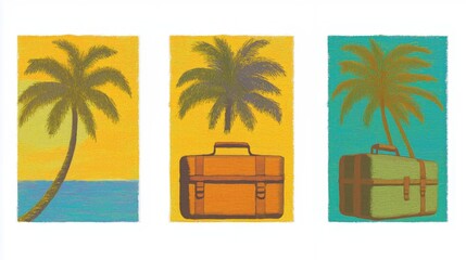 Obraz premium Colorful tropical travel vibes with palm trees and luggage on vibrant backgrounds