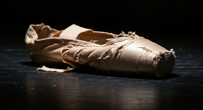 Worn ballet slipper shows the hard work and dedication of the dancer, highlighting passion and commitment.