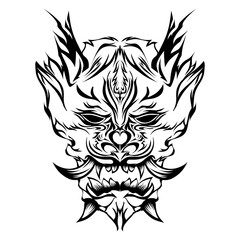 Abstract Tribal Mask with Black Ornate Design on White Background