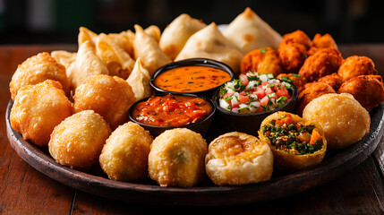 Assorted Fried Snacks with Dips and Garnishes on a Wooden Platter