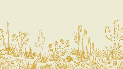 Hand-drawn cacti and succulents in a minimalist style on beige background  