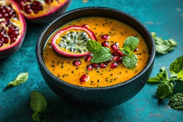Passion fruit and pomegranate soup in a dark bowl.