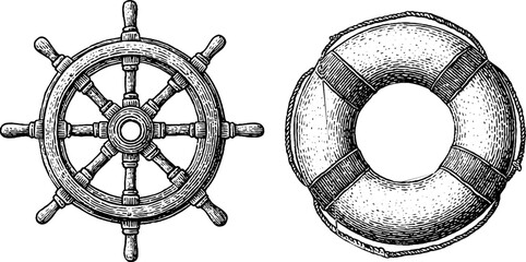 Vintage nautical illustration set featuring ship wheel and lifebuoy for retro maritime designs