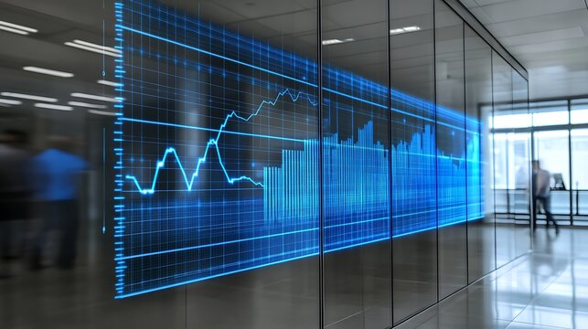 Futuristic business office with holographic digital stock market display - Powered by Adobe