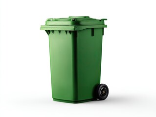 Green plastic waste bin,  on wheels, for outdoor use