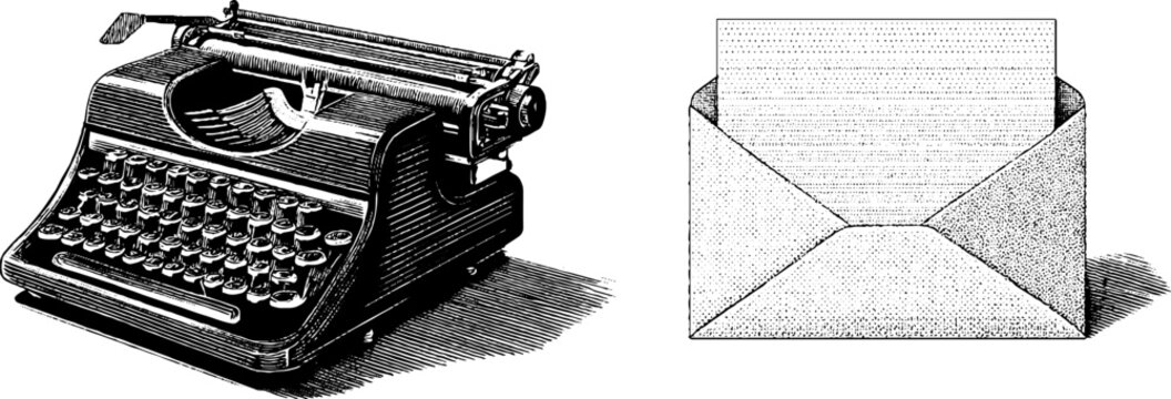 Vintage typewriter and envelope engraving set for retro design and print