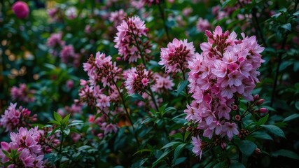Obraz premium Pink Blossoms in Lush Green Garden - Serene Natural Beauty