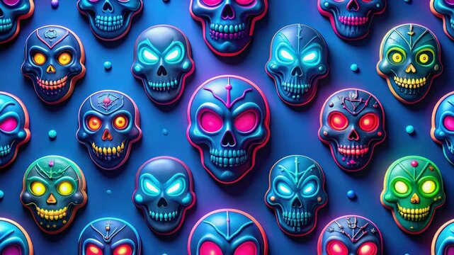Glowing blue skull shaped cookies forming eerie halloween pattern against vivid blue backdrop.