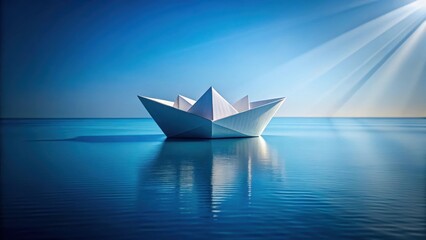 A Delicate Paper Boat Serenely Floats on a Calm Ocean Under a Radiant Sun