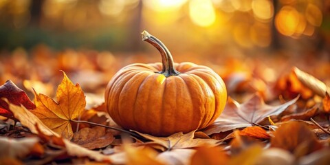 Autumnal Pumpkin Resting Amidst a Blanket of Fallen Leaves in Warm Sunlight