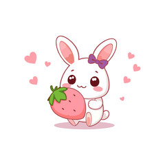 Cute bunny cartoon character holding strawberry and apple in kawaii style. Perfect for kids' design, nursery prints, and kawaii merchandise. Full vector, editable, and isolated on white background.