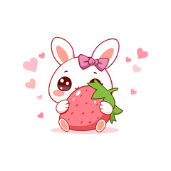 Set of kawaii bunny mascot illustrations featuring strawberries and apples with sweet, joyful expressions. Great for children's book illustrations, packaging, or digital content.