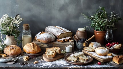 Fototapeta premium Rustic setting showcasing diverse baking ingredients from a cookbook. 