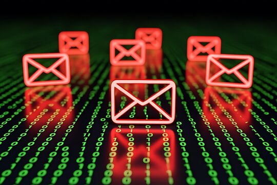 Email Security Digital Background Showing Glowing Red Envelope Icons And Binary Code