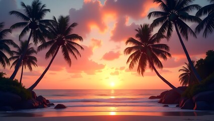 Fototapeta na wymiar Sunset Silhouettes of Palm Trees Along a Quiet Beach