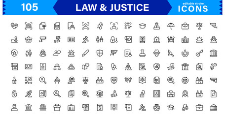 Law & Justice Icon Set Featuring Court, Lawyer, Gavel, Justice Scale, and Legal Concepts in a Clean, Professional Vector Style for Stock Use