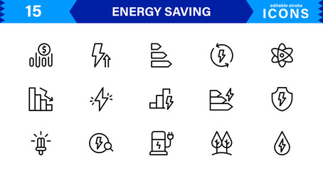 Energy Saving Icon Collection with Eco, Renewable, Power, Green Technology, and Sustainability Symbols in Simple, Download-Ready Design