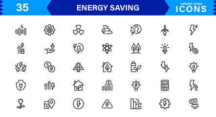 Energy Saving Icon Collection with Eco, Renewable, Power, Green Technology, and Sustainability Symbols in Simple, Download-Ready Design