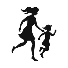 Mother with daughter running isolated vector image  black Silhouette on white background 