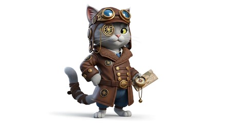 Steampunk Cat Navigator Character on White Background